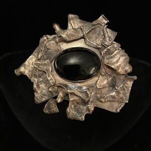 Stunning Sterling Silver Obsidian or Onyx Brutalist Pin Brooch